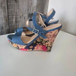 Jasmin JKriss Floral Denim Wedge Sandals 6.5 Boho Dressy Summer Coastal Beach